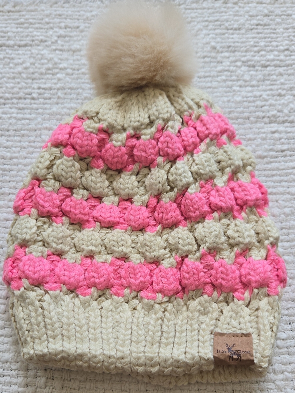 Cream and Pink Pom Pom Knit Beanie